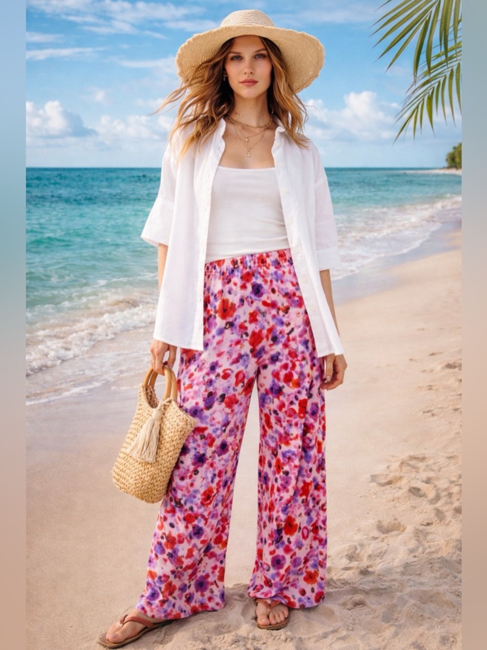 Boutique Floral Wide Leg Stretch Jersey Pull-On Pants Pink/Purple/Red ~ L ~ NWOT